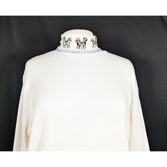 Vintage 90s Turtleneck Top Cream Embroidered Cats Shirt Misses Size M New Flaw - Picture 3 of 8